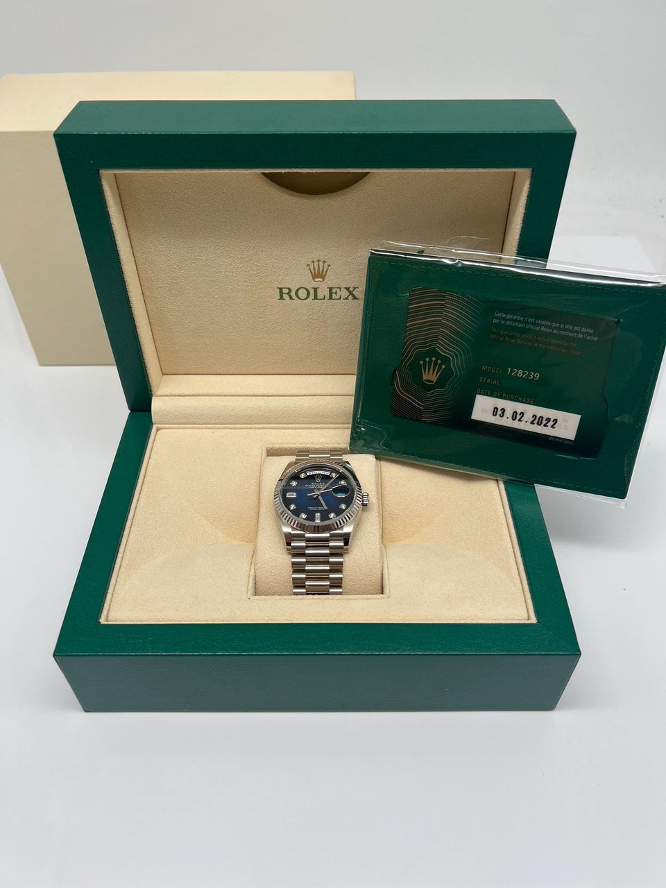 Rolex Day-Date 36 Automatik Herrenuhr Weißgold Blau 128239 - Papiere und oder Lieferumfang