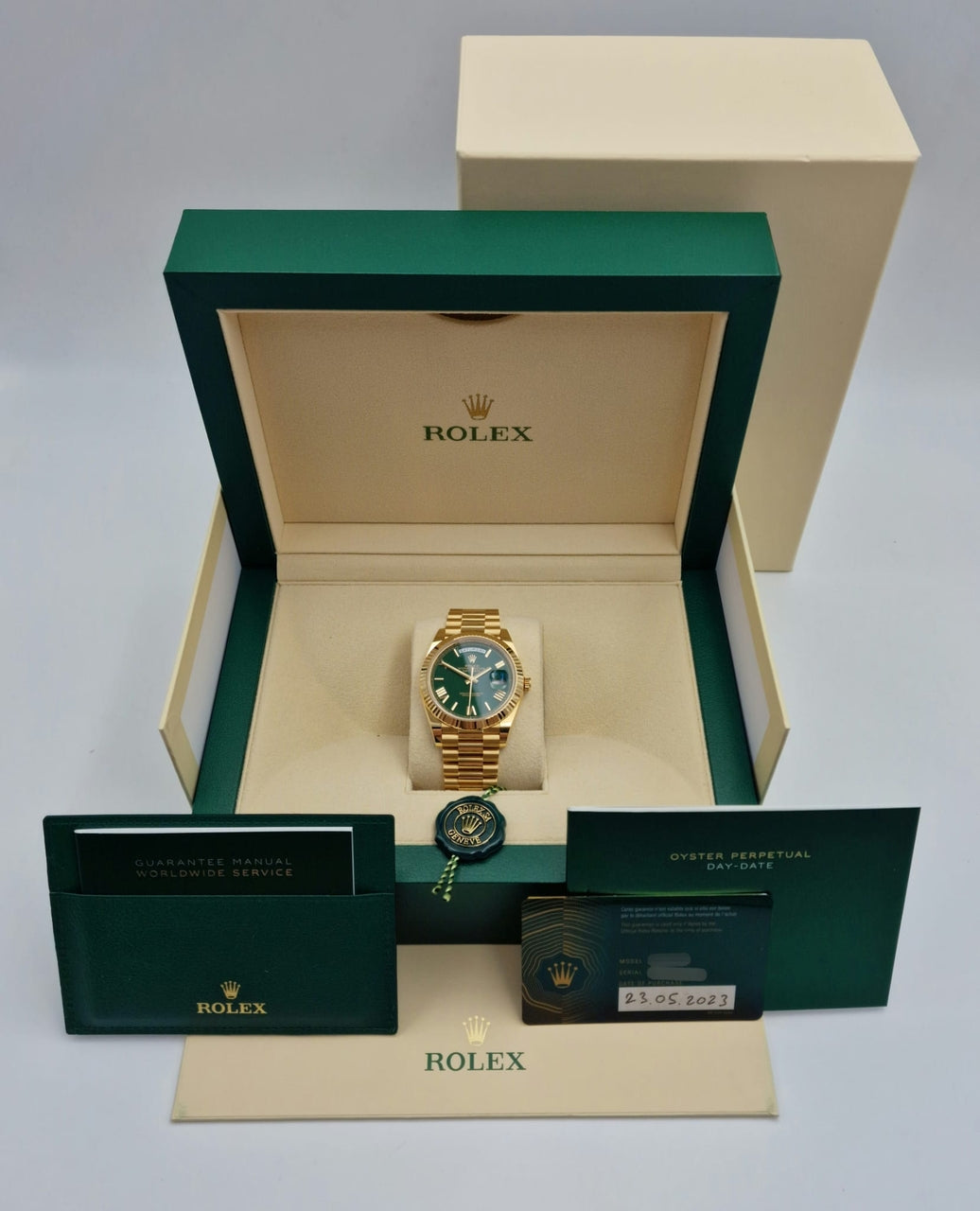 Rolex Day-Date 40 Green-Dial Automatik Ungetragen 228238 Box + og. Papiere