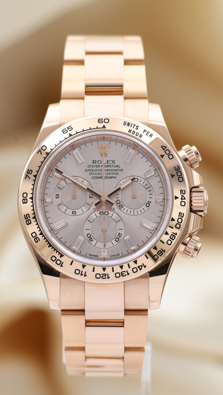 Rolex Daytona Roségold Sundust Baguette-Dial Ungetragen 116505 Box + og. Papiere
