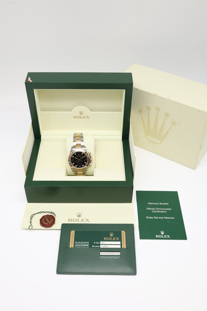 Rolex Daytona Gold/Stahl "Diamond Dial" Automatik Schwarz 116523 - Papiere und oder Lieferumfang