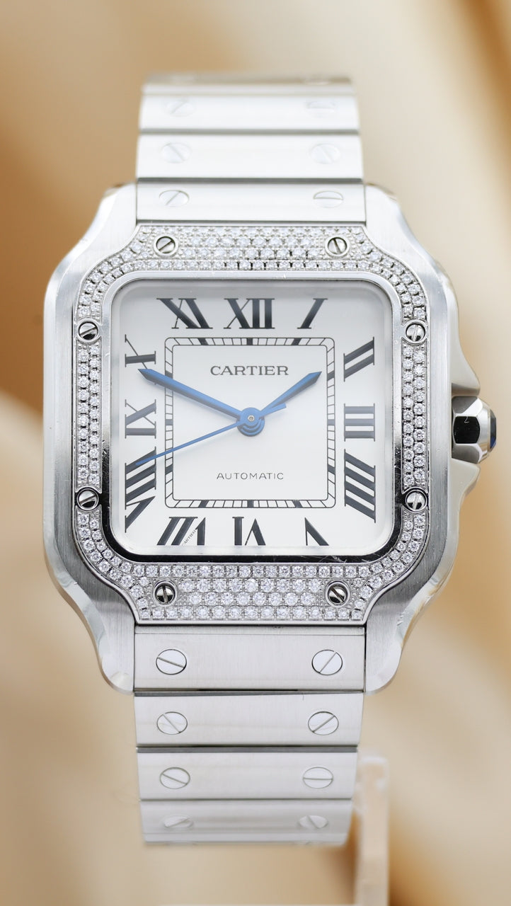 Cartier Santos de Cartier Stahl Factory Diamantbesatz Automatik 4075 Box + og. Papiere
