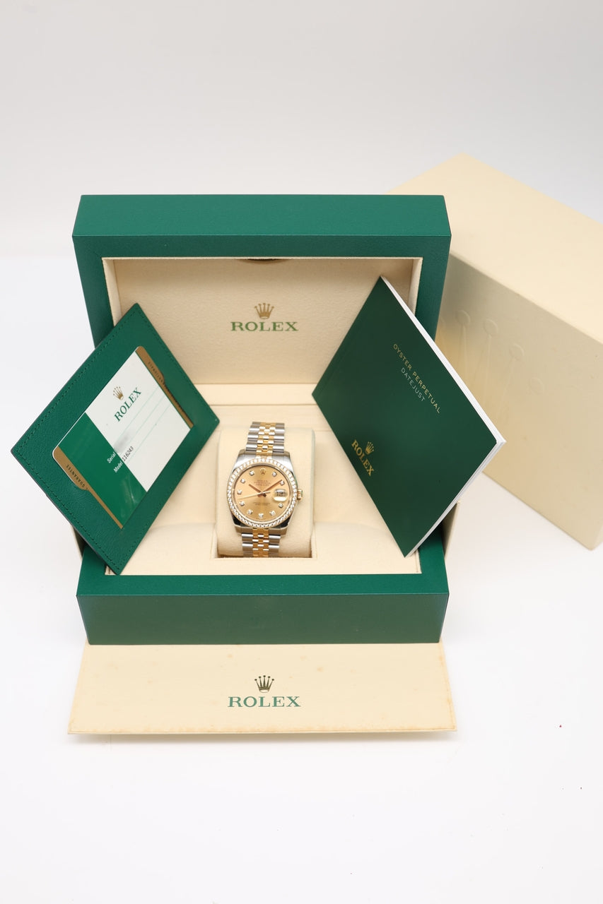 Rolex Datejust 36 Stahl/Gold "Diamond Dial/Bezel" Gold Automatik 116243 - Papiere und oder Lieferumfang