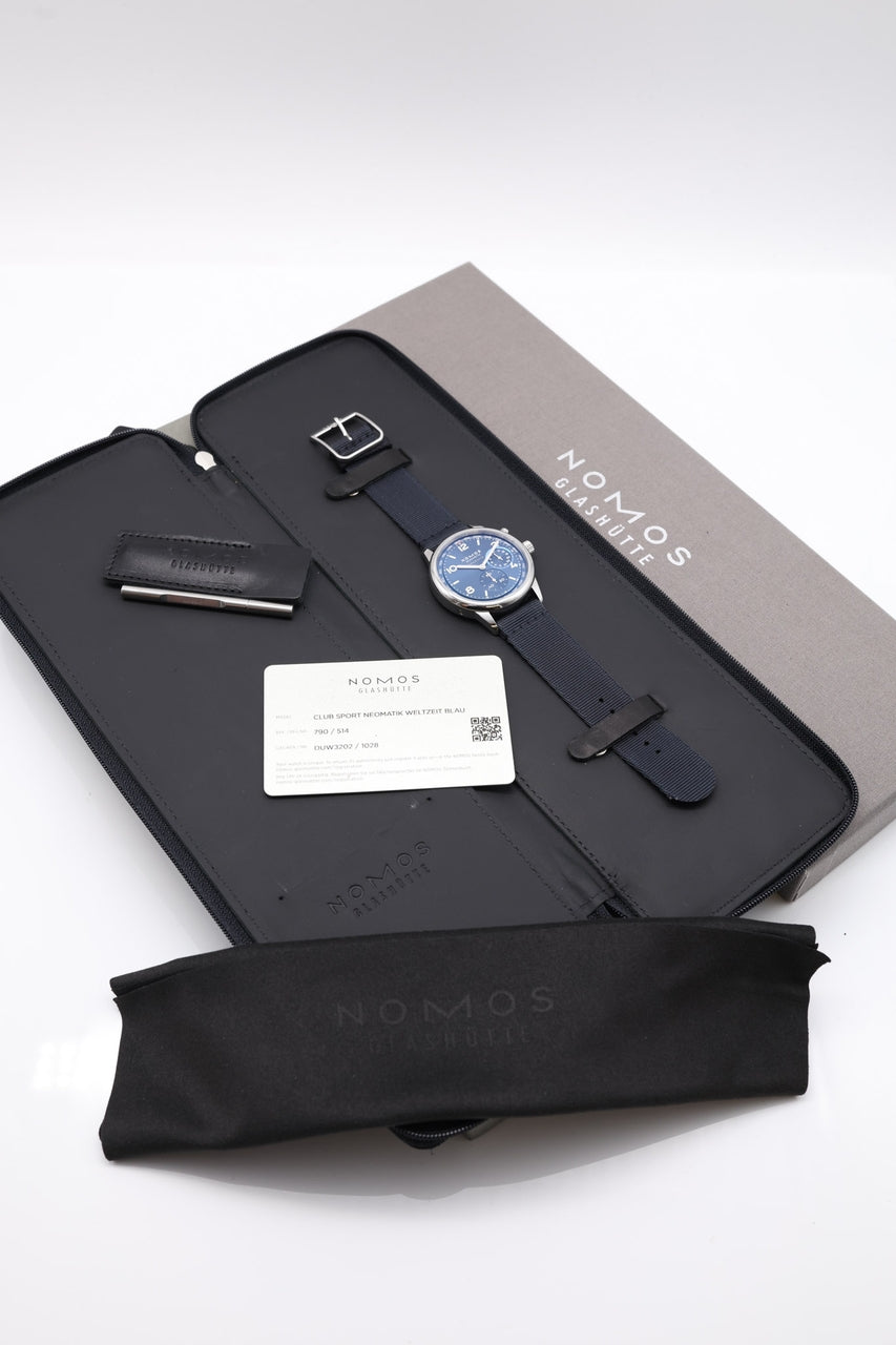 Nomos Club Neomatik Sport Weltzeit Worldtimer Blau 790 - Papiere und oder Lieferumfang