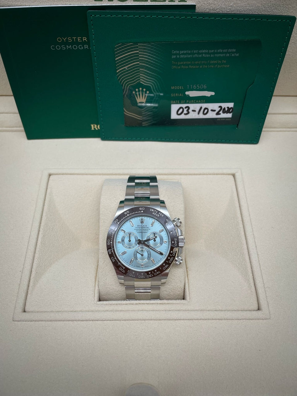 Rolex Daytona Platinum Ice Blue Baguette Blatt  116506 Box + og. Papiere