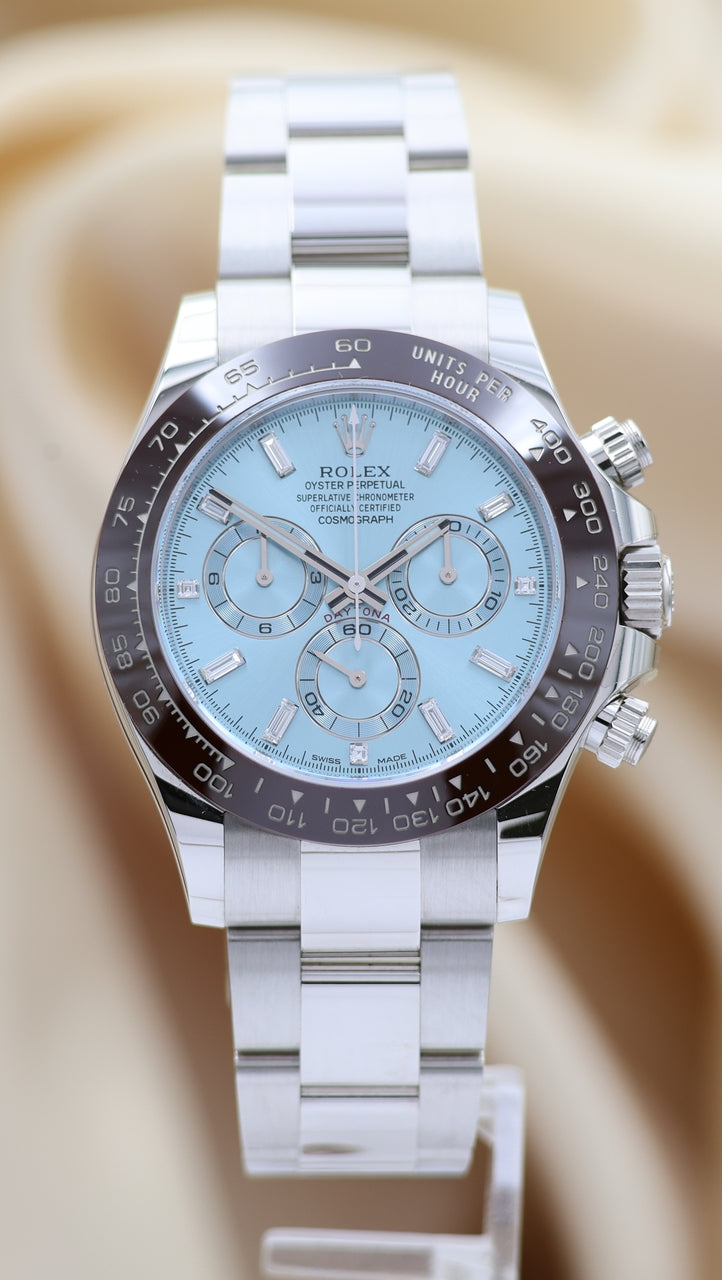 Rolex Daytona Platinum Ice Blue Baguette Blatt  116506 Box + og. Papiere