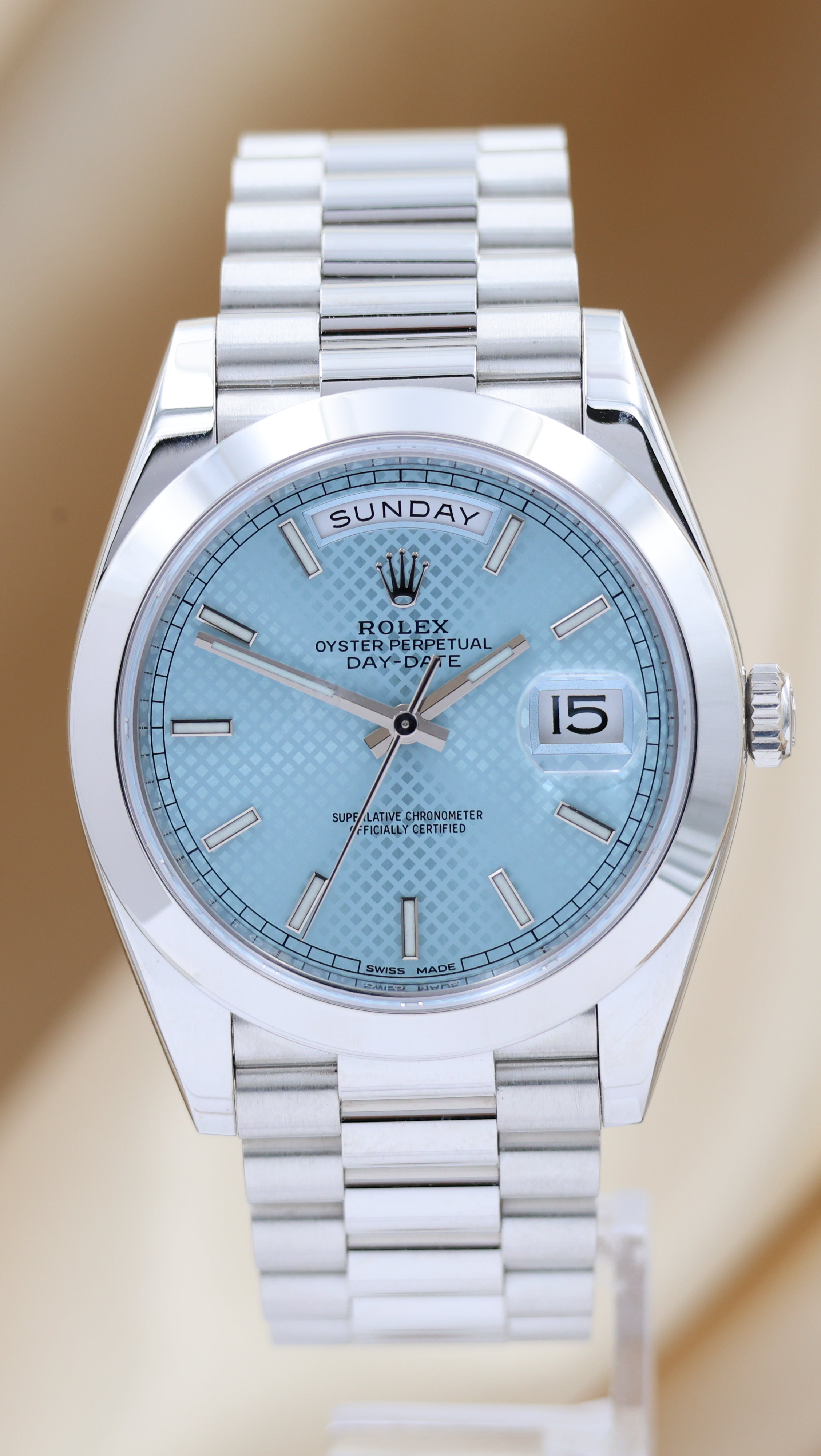 Rolex Day-Date Platinum Ice Blue Motif Dial LC100 228206 Box + above. papers